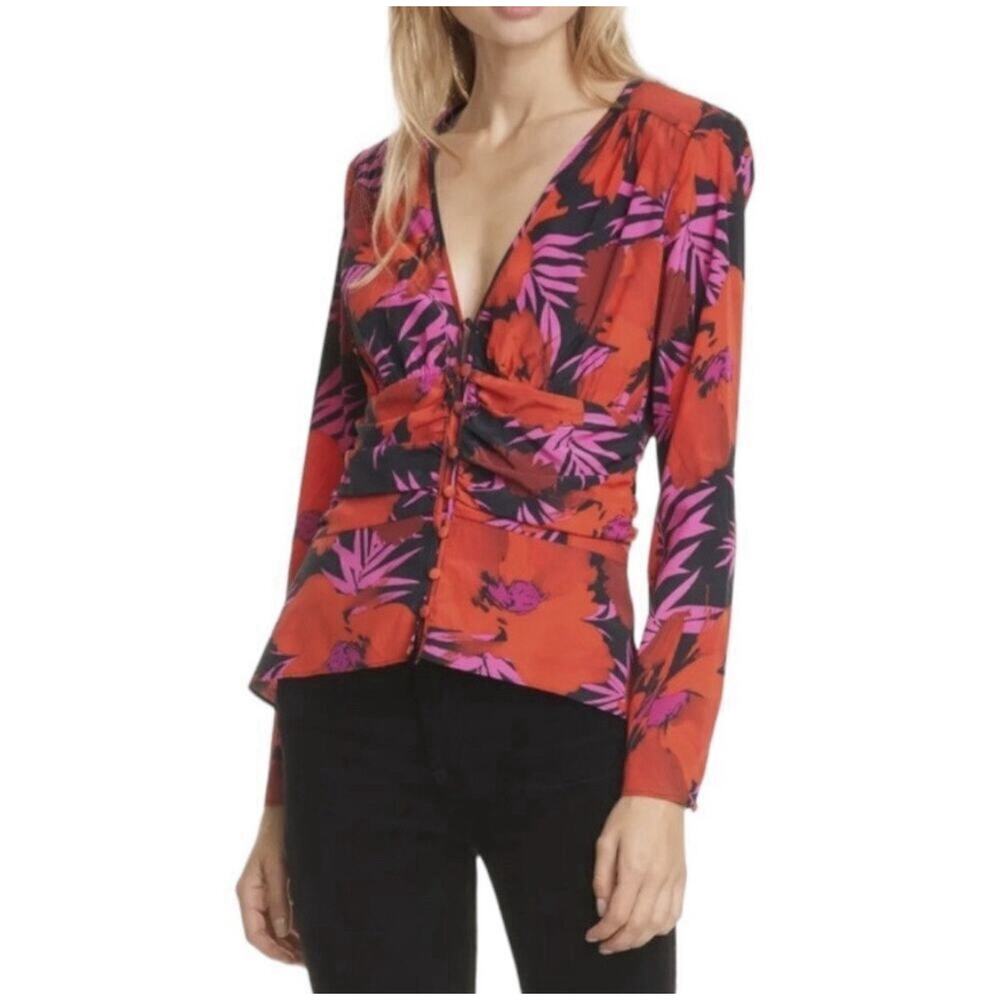 Veronica Beard Pevero Silk Floral Stretch Top 6 Red Coquette Office Luxury
